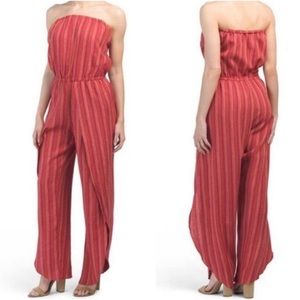 Anthropologie DREW Red Magenta Multi Strapless Linen Jumpsuit | Size Small